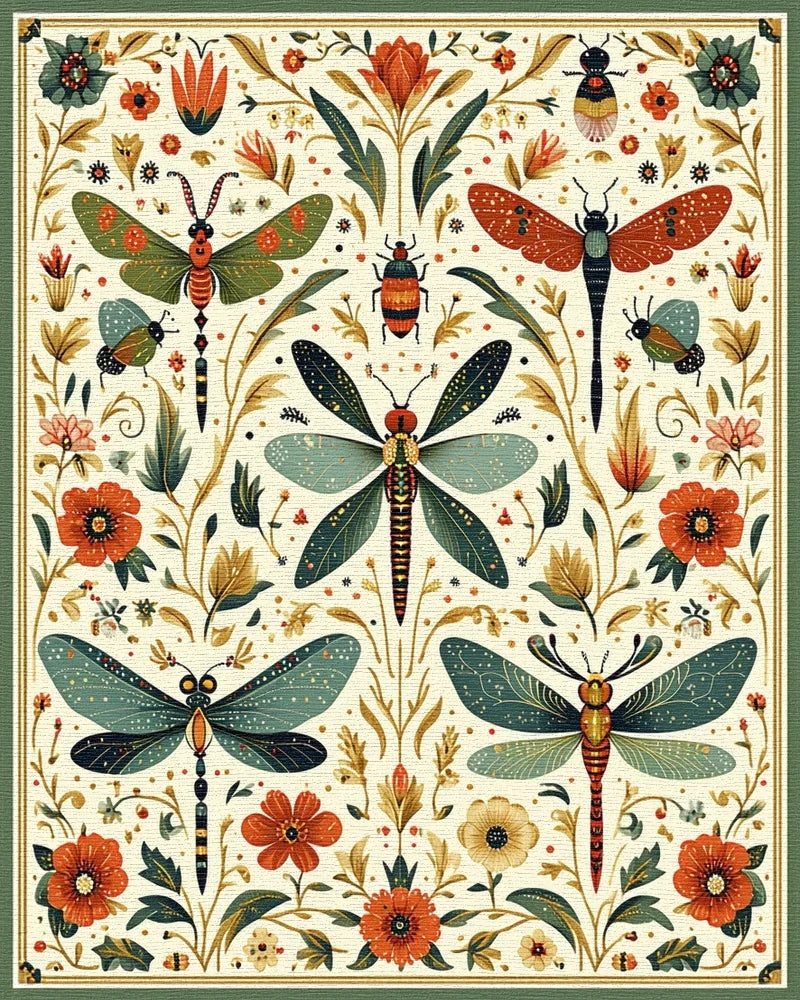 Insects Floral Motif Pattern Rug - Cutout View