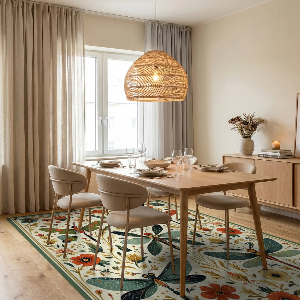 Insects Floral Motif Pattern Rug - Dining Room View