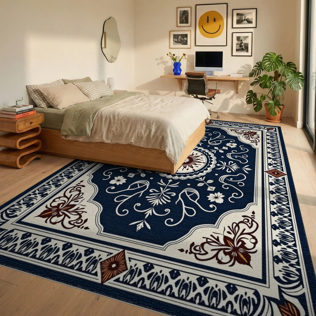 Intricate Dark Blue Floral Medallion Rug Bedroom View