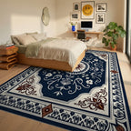 Intricate Dark Blue Floral Medallion Rug Bedroom View