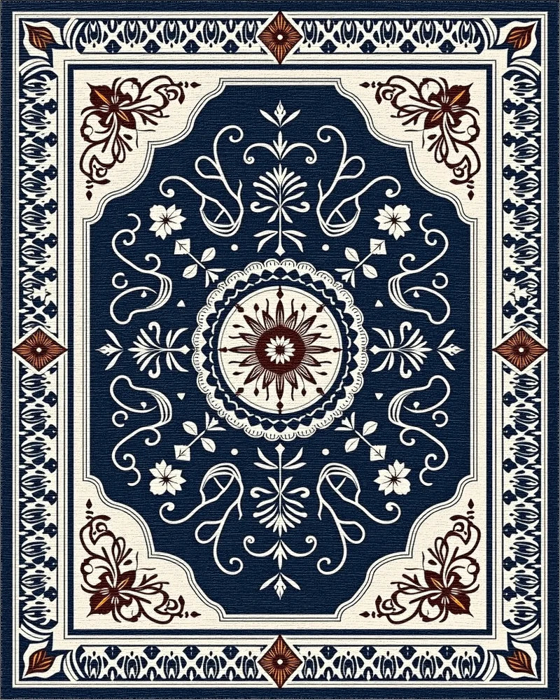 Intricate Dark Blue Floral Medallion Rug - Cutout View