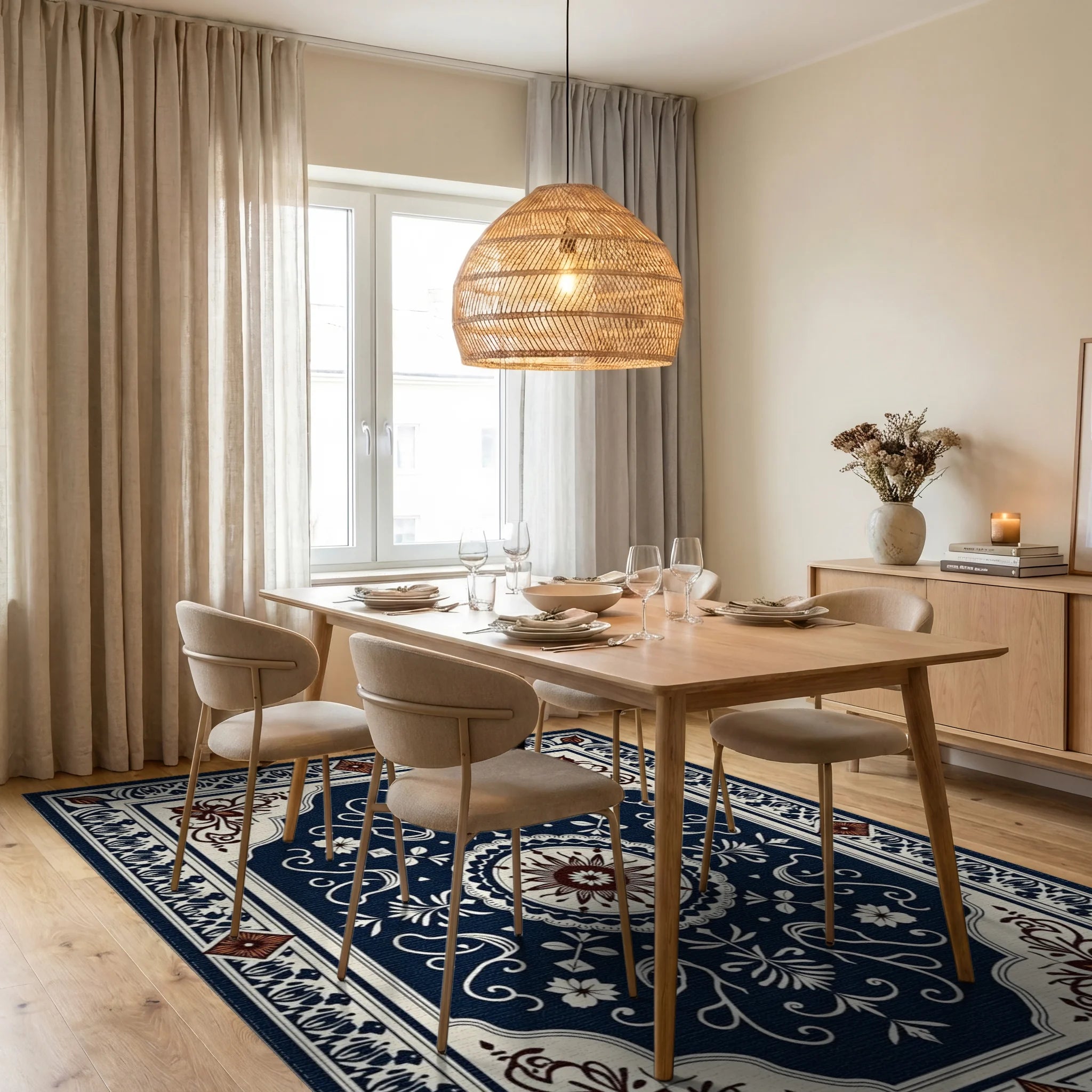 Intricate Dark Blue Floral Medallion Rug Dining Room View