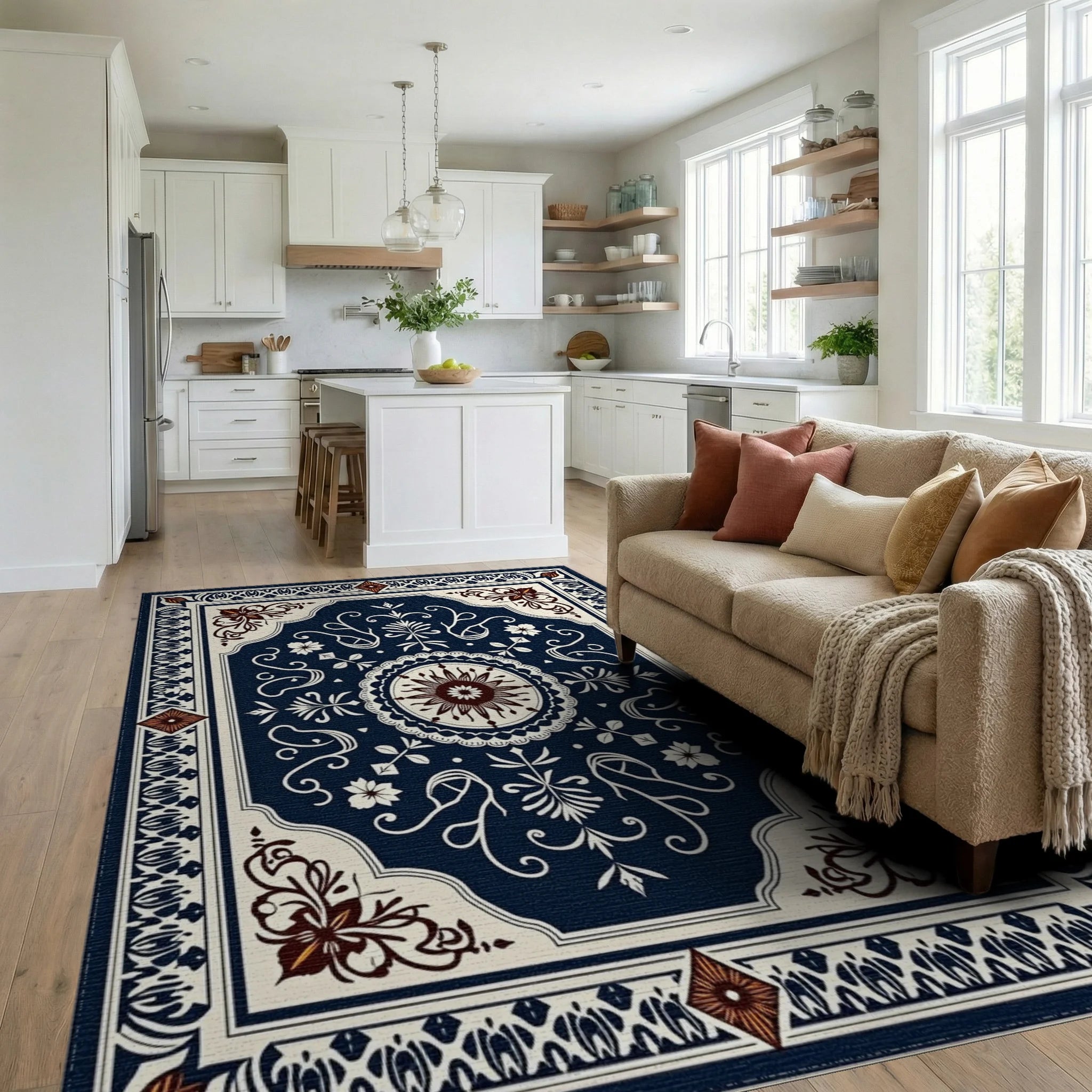 Intricate Dark Blue Floral Medallion Rug Living Room View