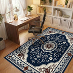 Intricate Dark Blue Floral Medallion Rug Office View