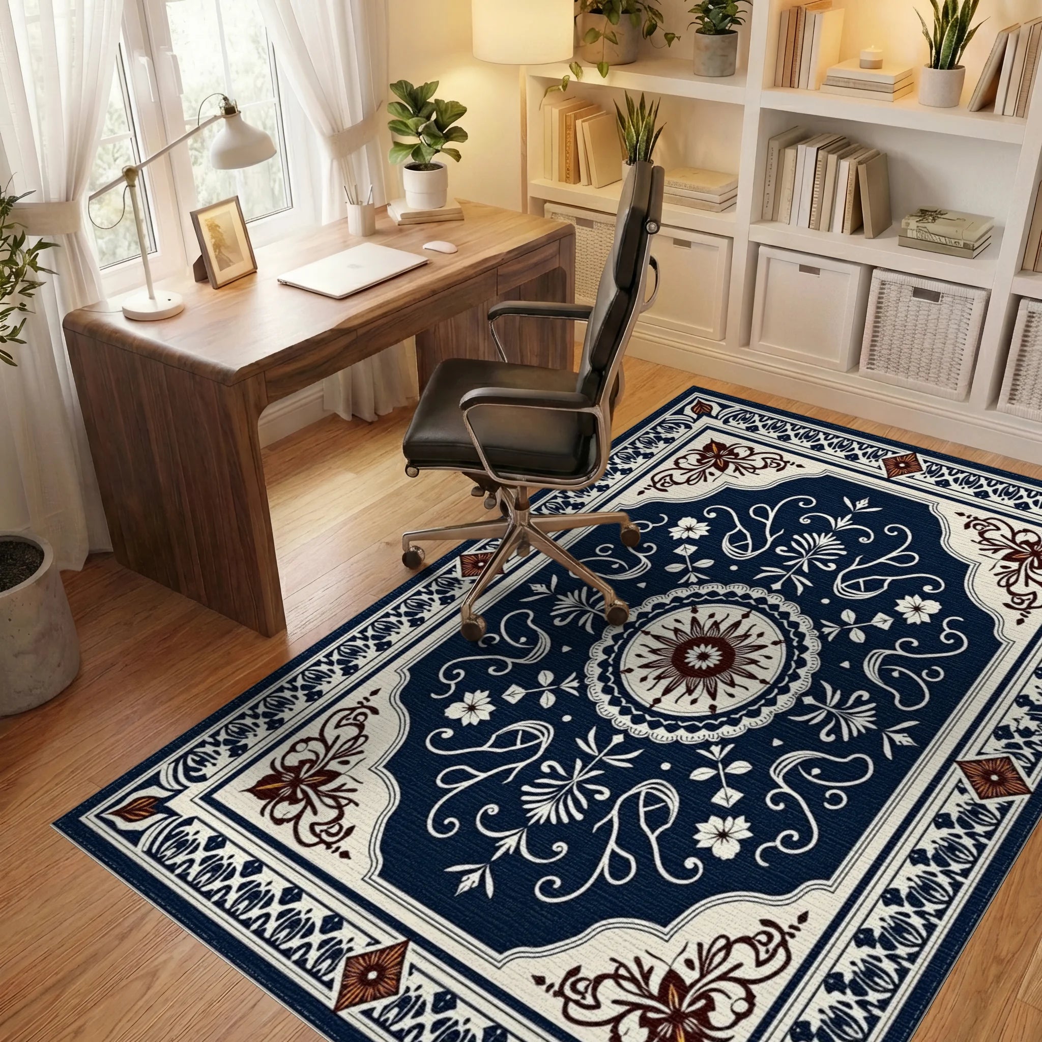 Intricate Dark Blue Floral Medallion Rug Office View