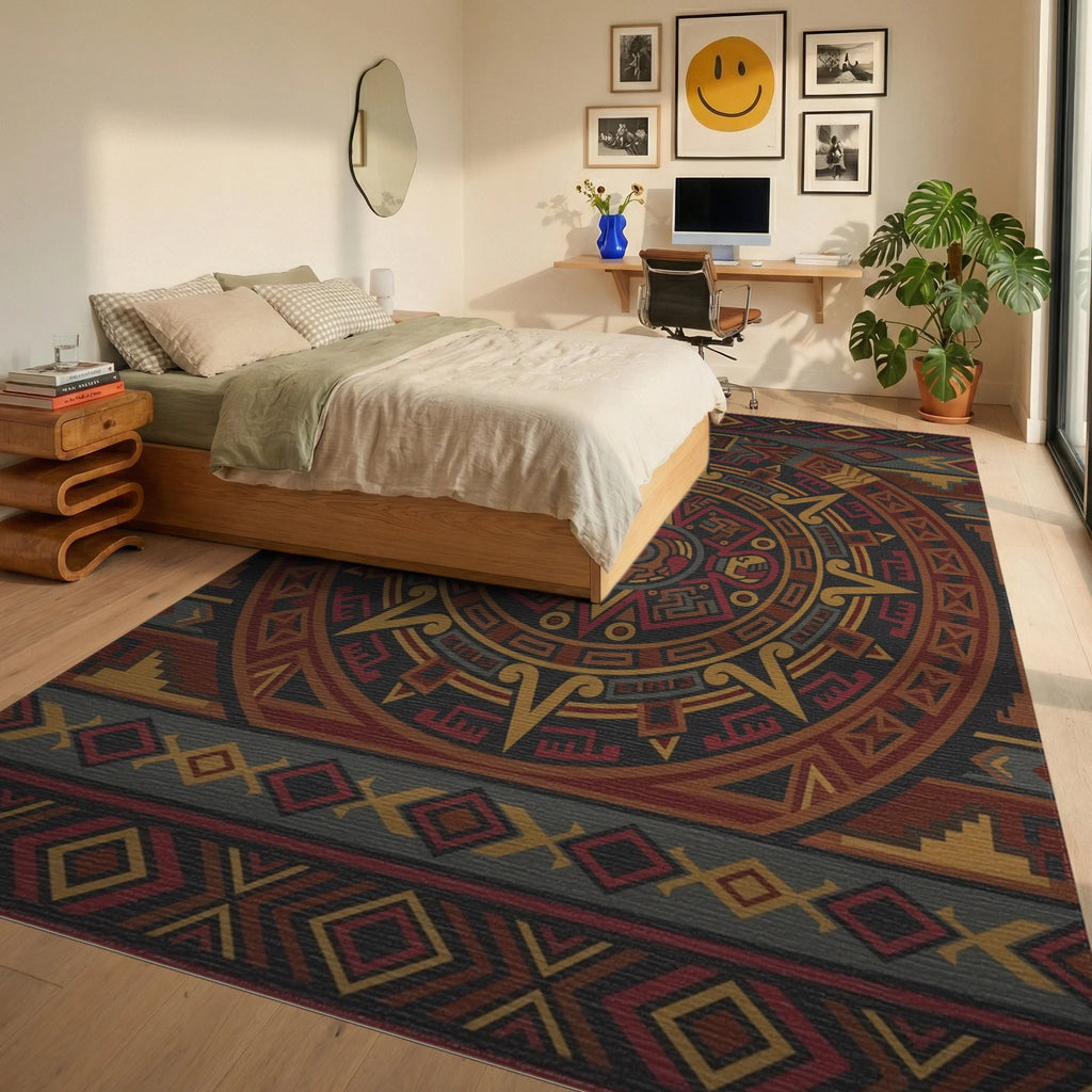 Intricate Earth Tone Calendar Medallion Rug Bedroom View