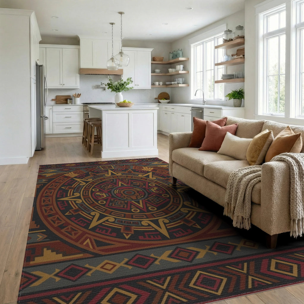 Intricate Earth Tone Calendar Medallion Rug Living Room View