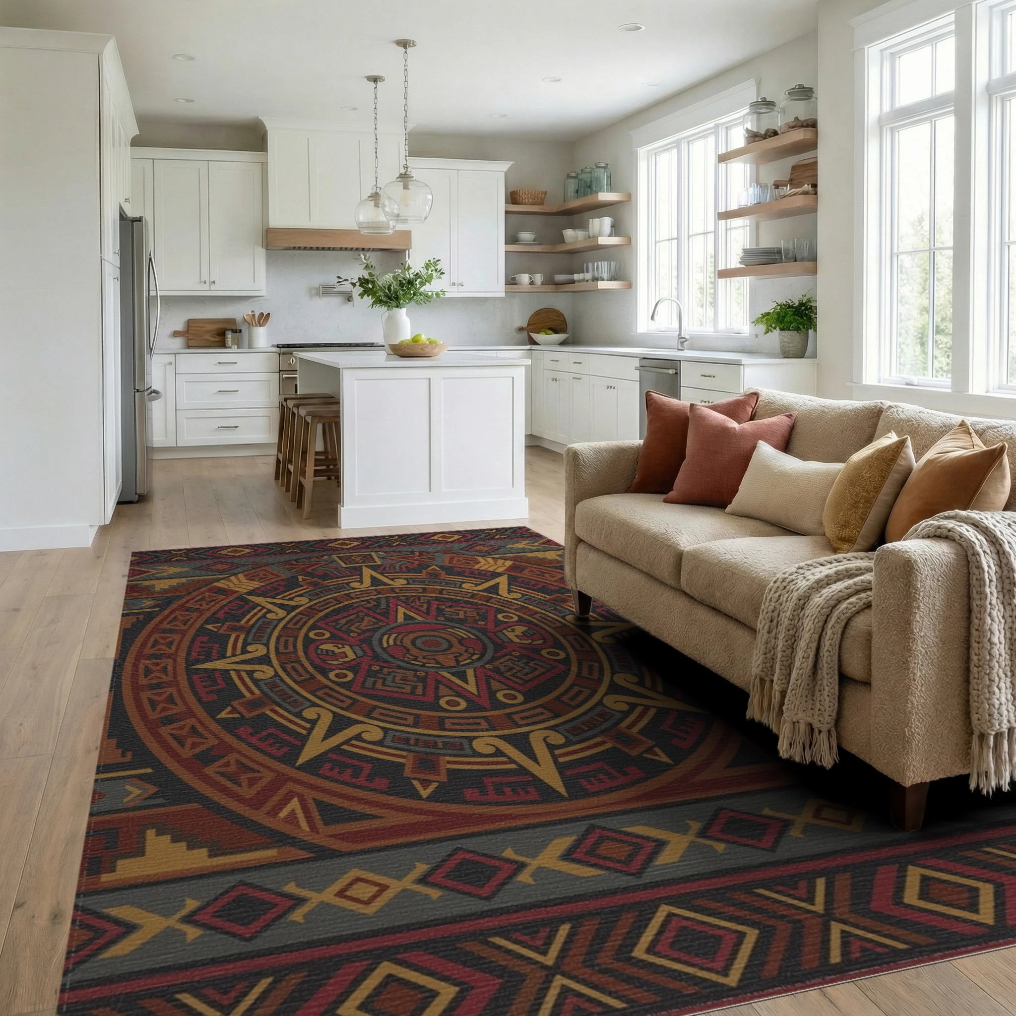 Intricate Earth Tone Calendar Medallion Rug Living Room View