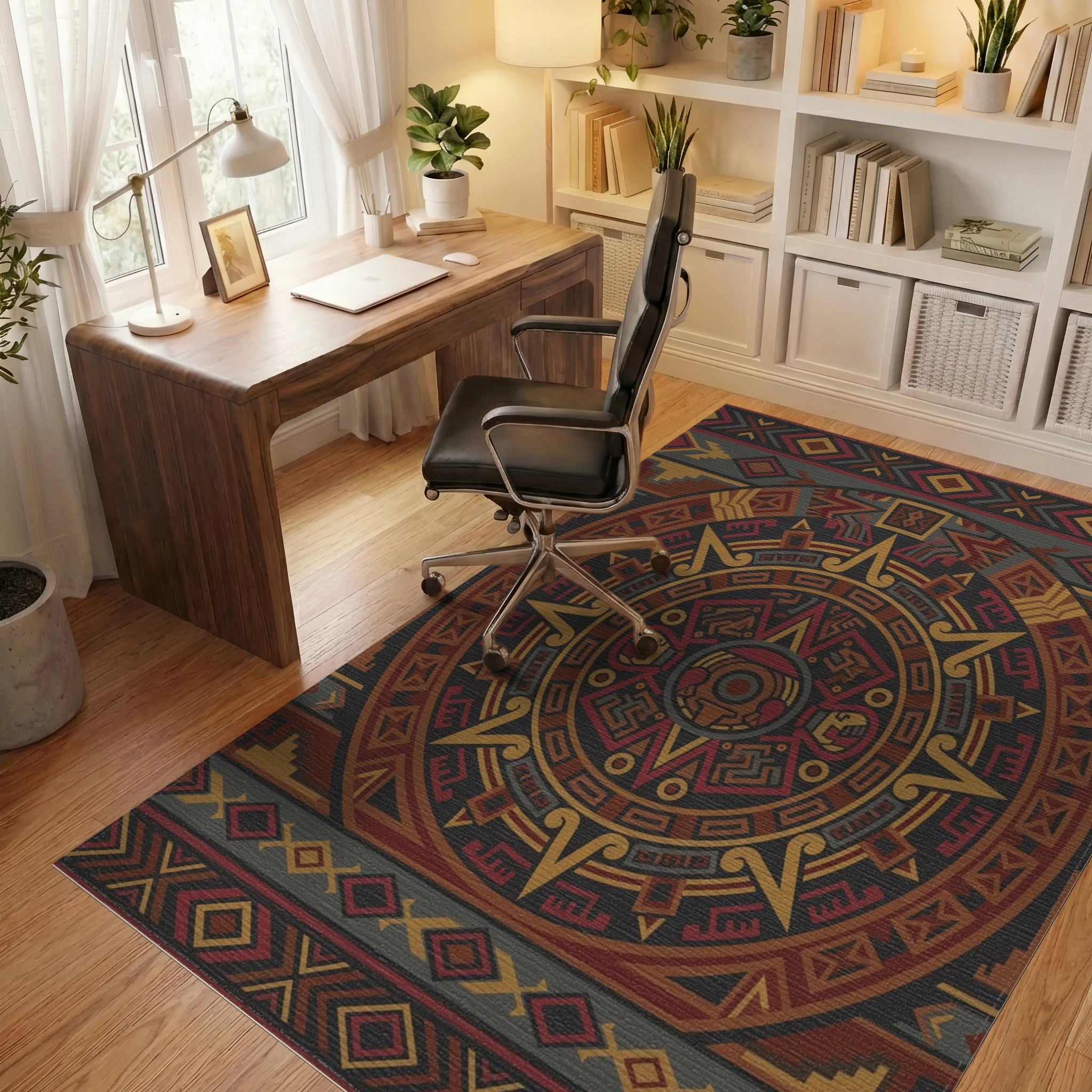 Intricate Earth Tone Calendar Medallion Rug Office View