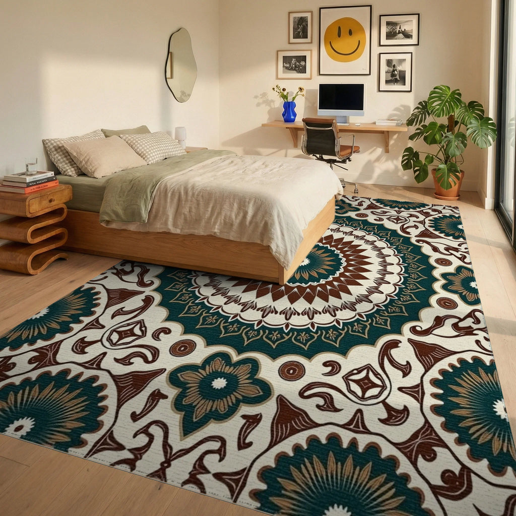 Intricate Floral Mandala Pattern Rug Bedroom View