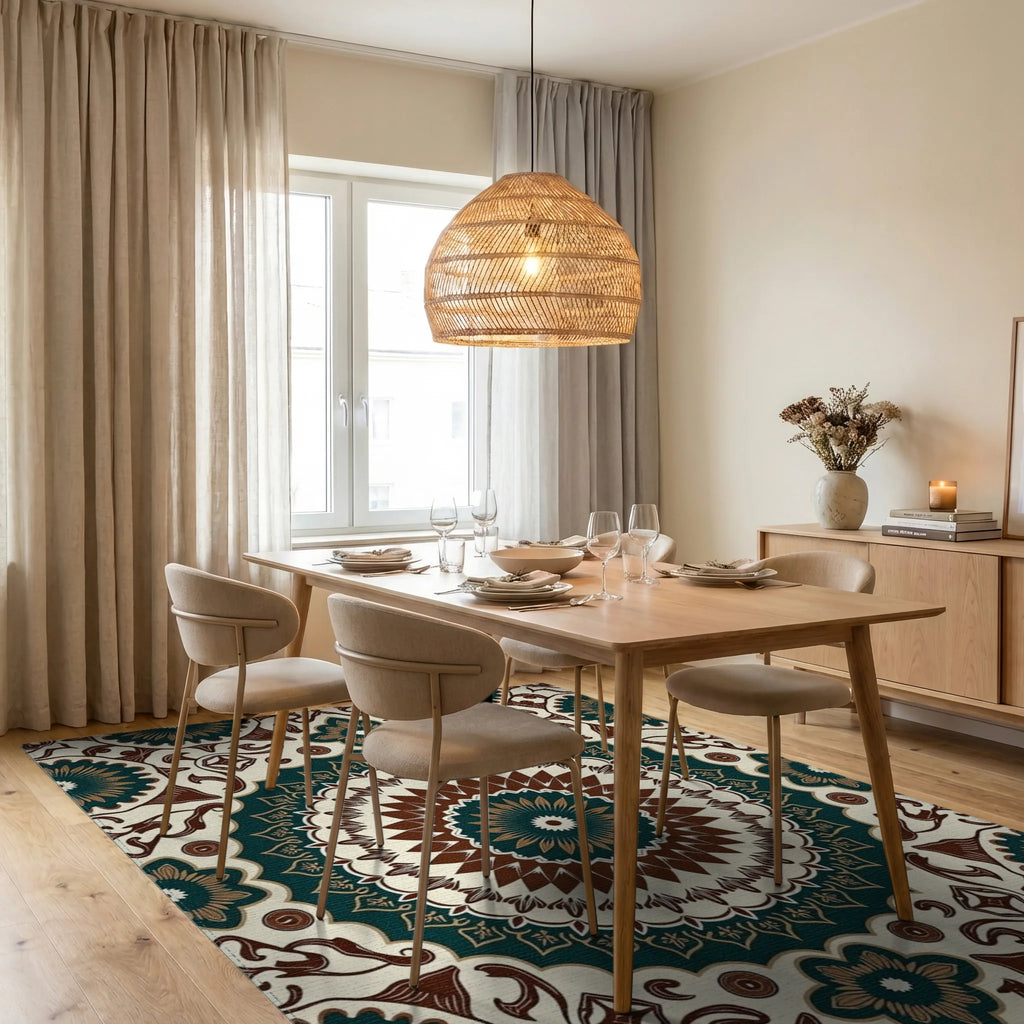 Intricate Floral Mandala Pattern Rug Dining Room View
