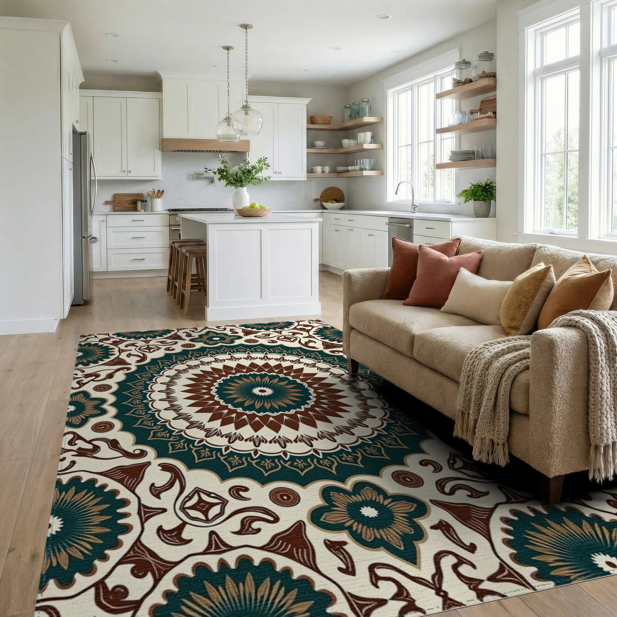 Intricate Floral Mandala Pattern Rug Living Room View
