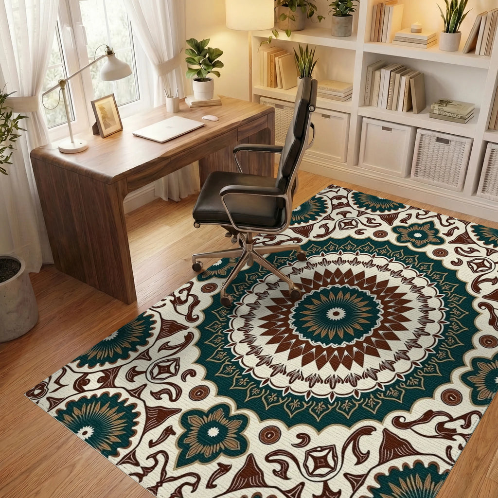 Intricate Floral Mandala Pattern Rug Office View