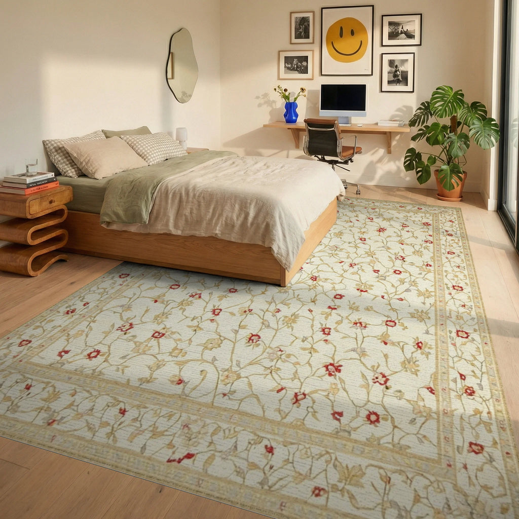 Intricate Ivory Red Vine Floral Rug - Bedroom View