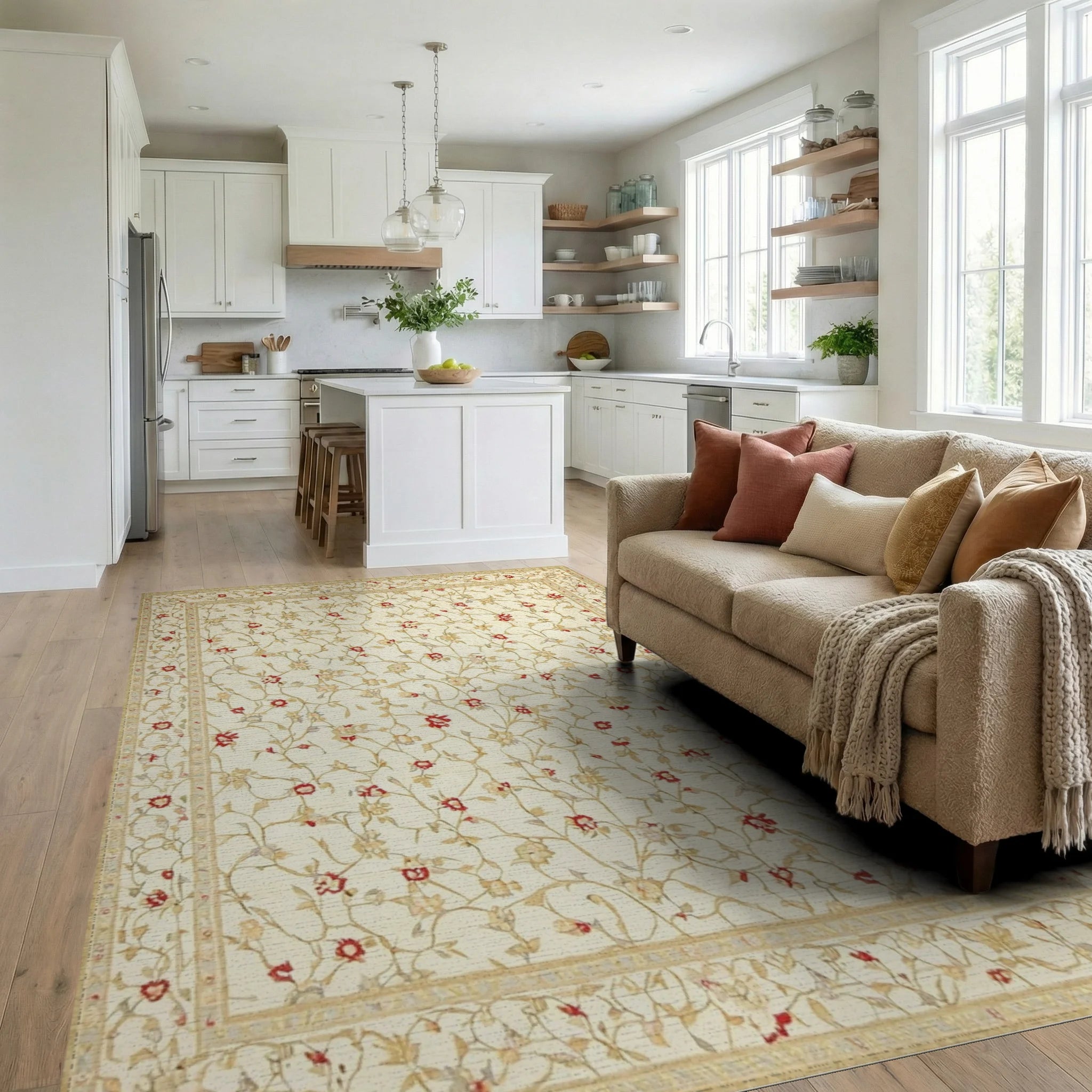 Intricate Ivory Red Vine Floral Rug - Living Room View