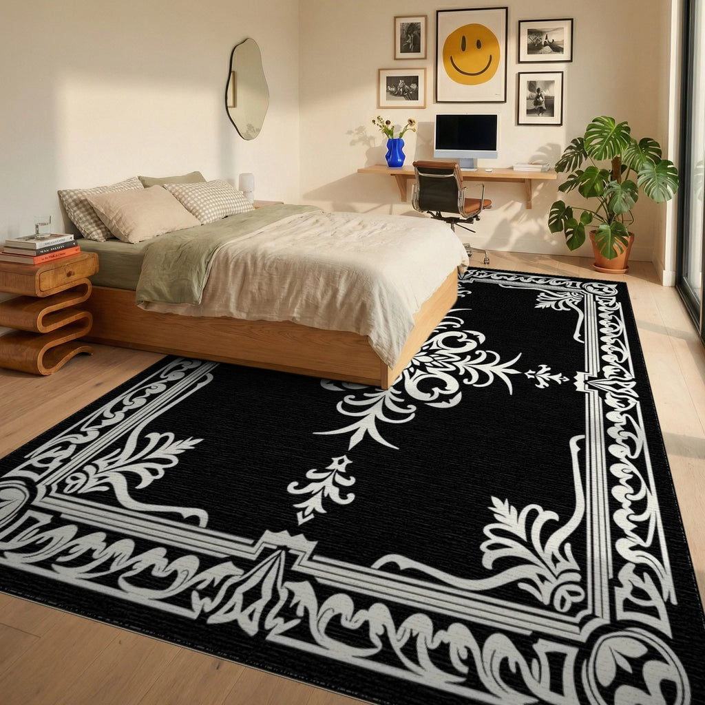 Intricate White Floral Gilded Frame Rug Bedroom View