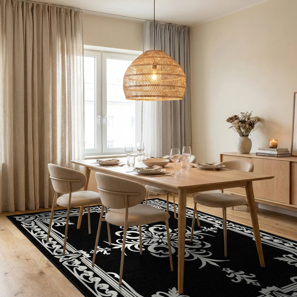 Intricate White Floral Gilded Frame Rug Dining Room View