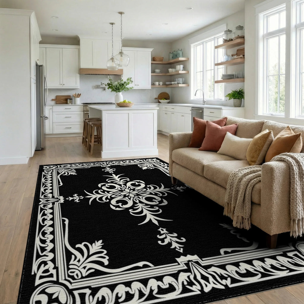 Intricate White Floral Gilded Frame Rug Living Room View