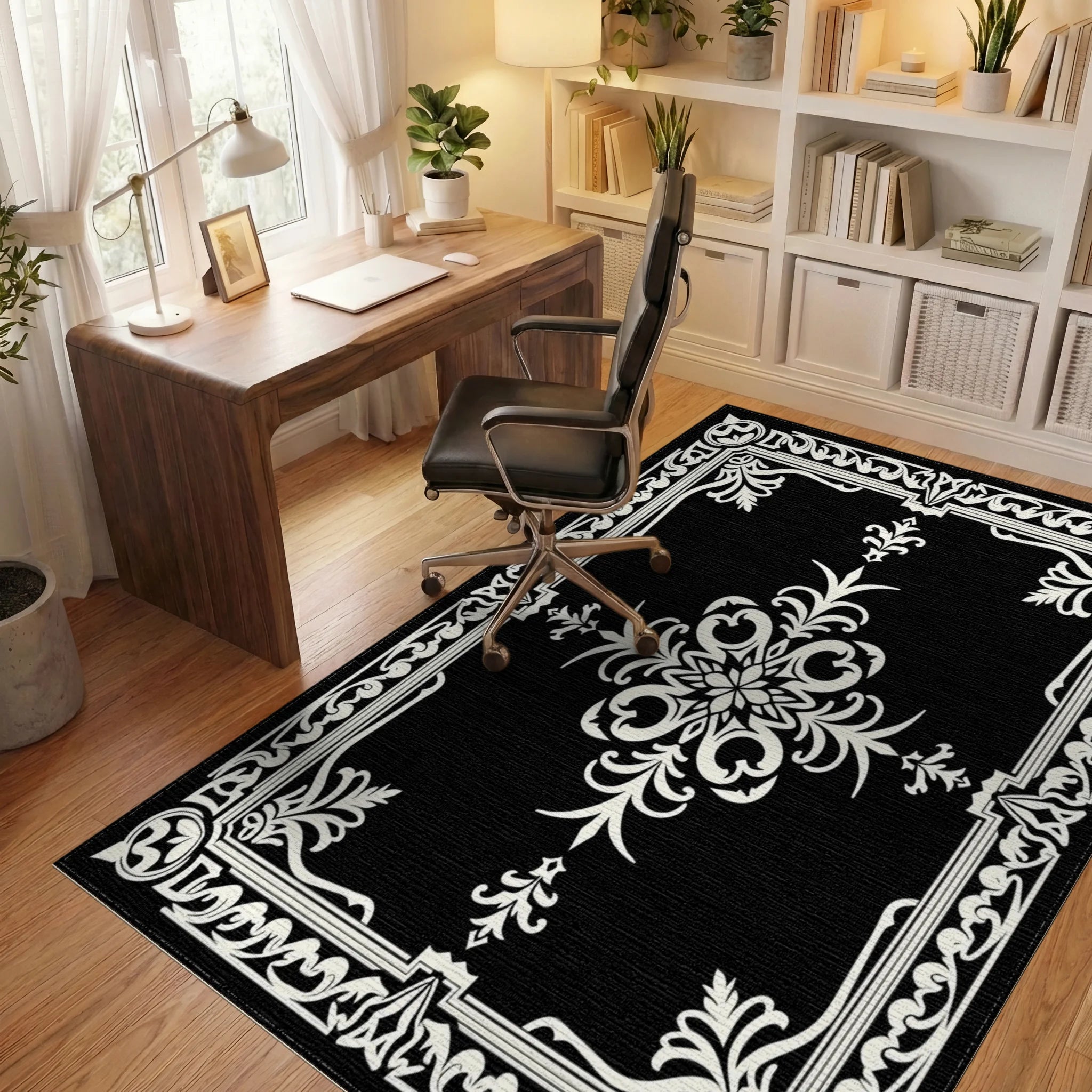 Intricate White Floral Gilded Frame Rug Office View