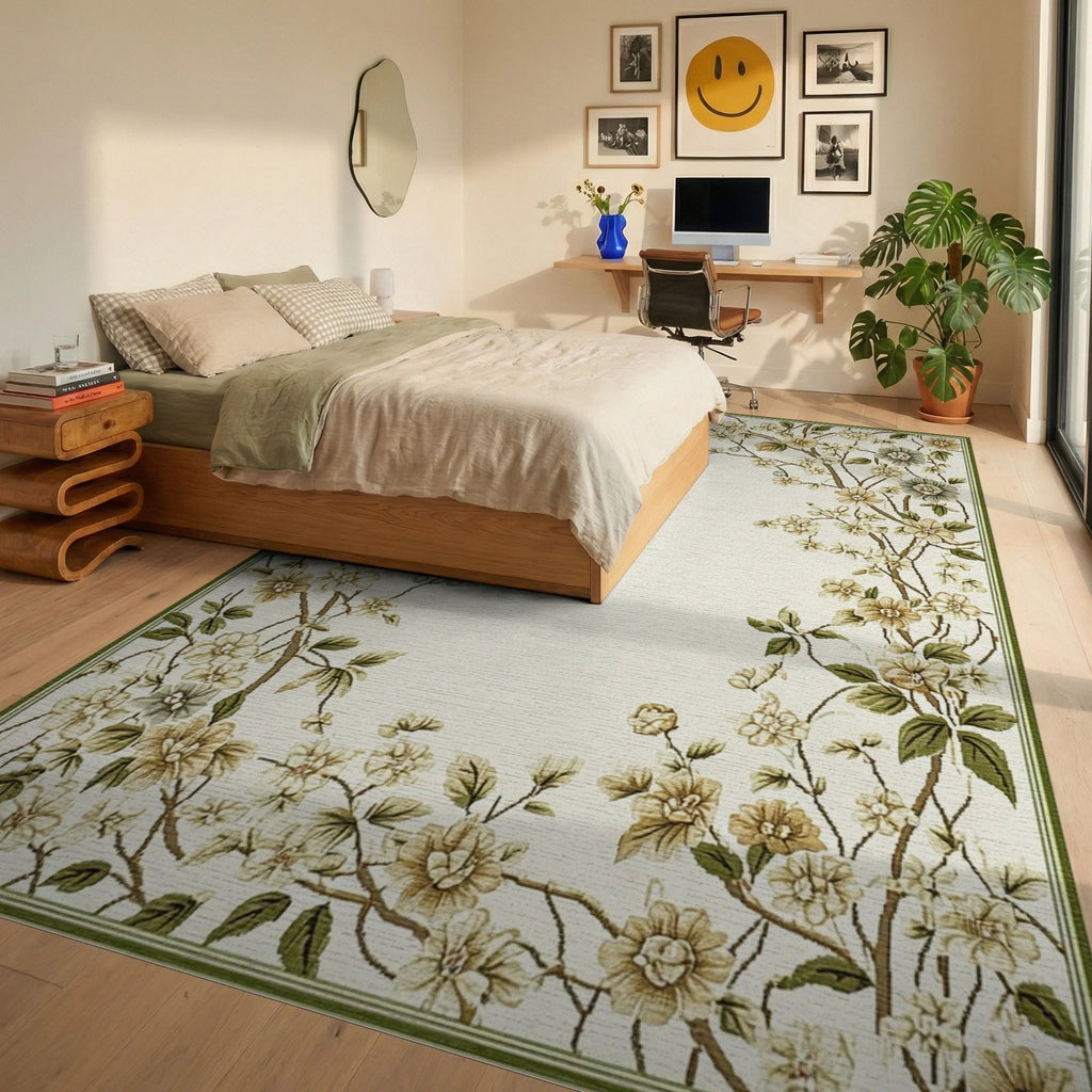 Ivory Garden Blossom Branch Accents Rug - Bedroom View