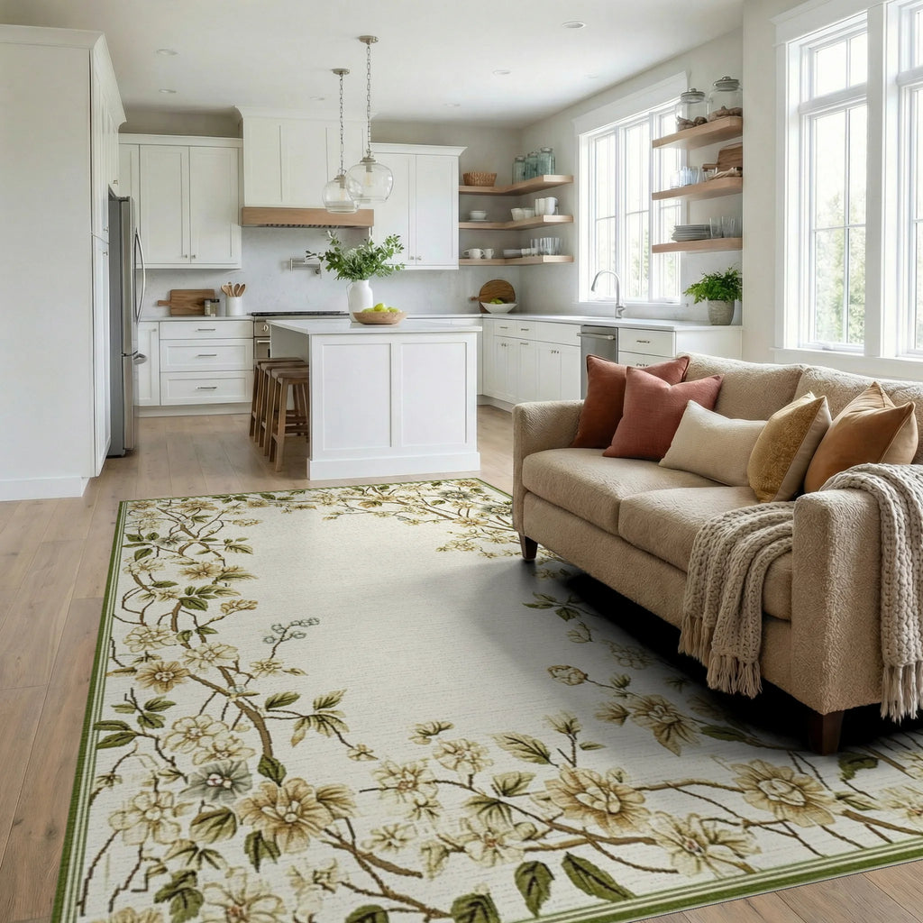 Ivory Garden Blossom Branch Accents Rug - Living Room View