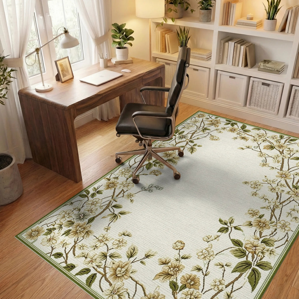 Ivory Garden Blossom Branch Accents Rug - Office View