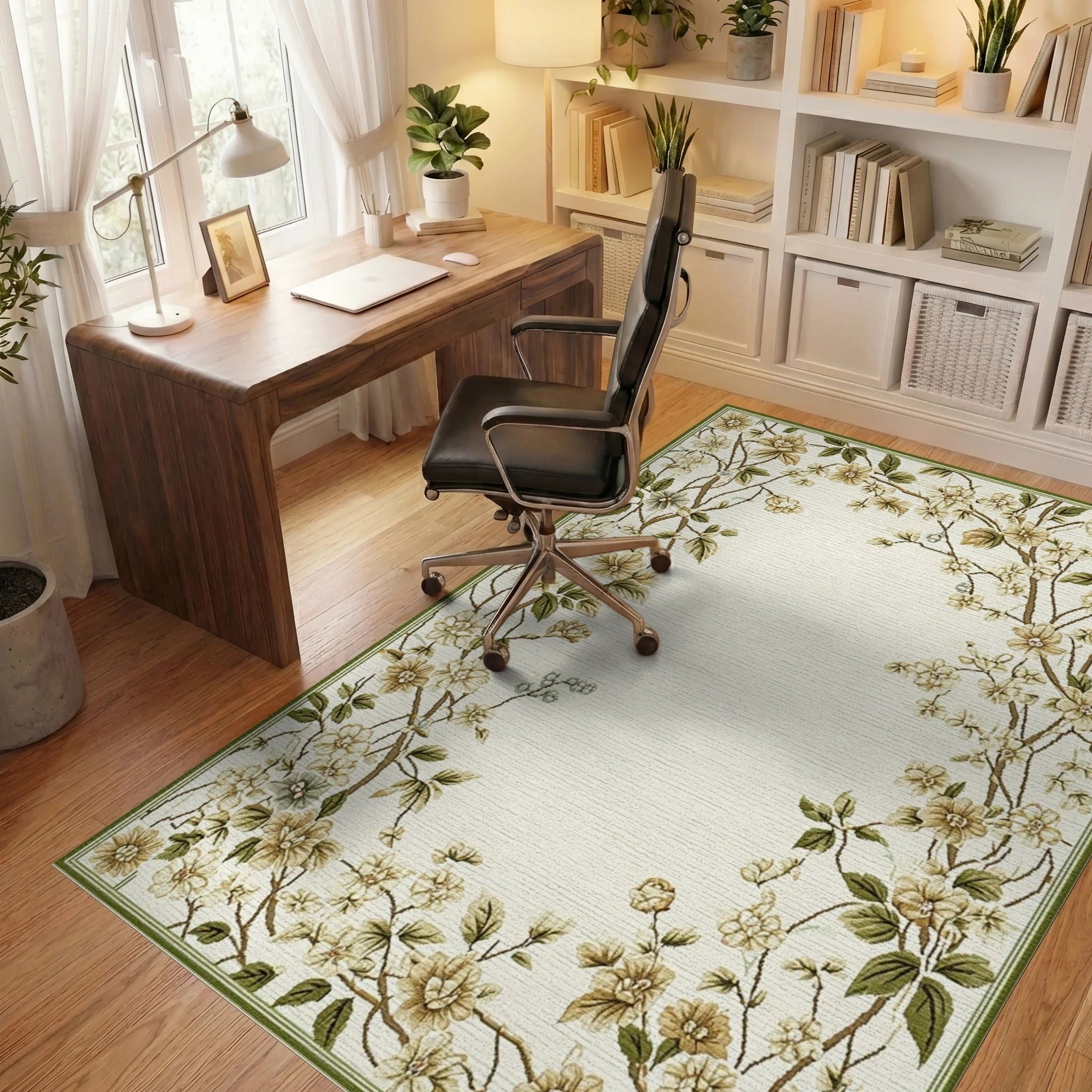 Ivory Garden Blossom Branch Accents Rug - Office View