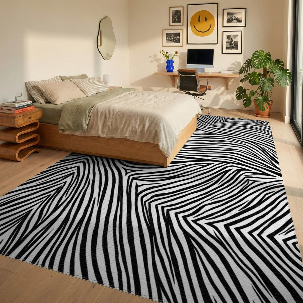 Jaguar Swirl Black White Lines Rug - Bedroom View