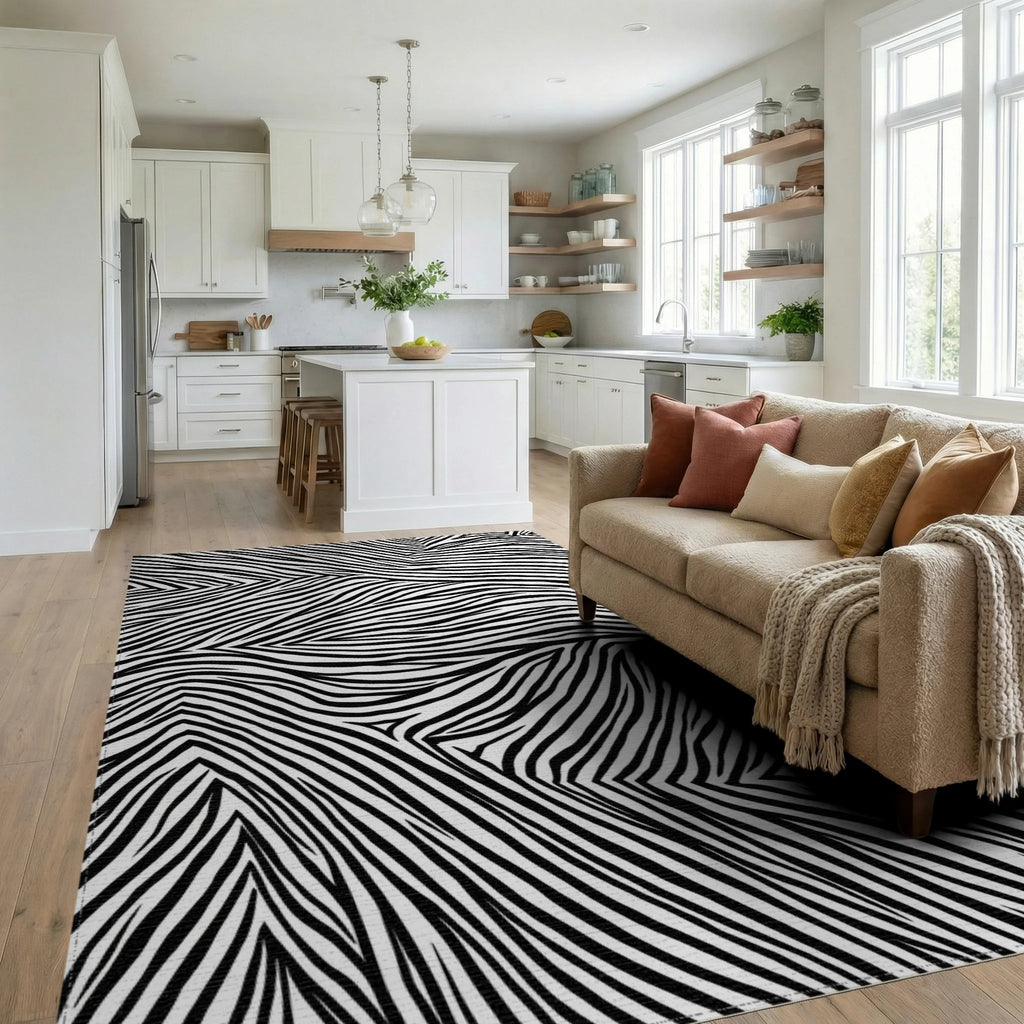 Jaguar Swirl Black White Lines Rug - Living Room View