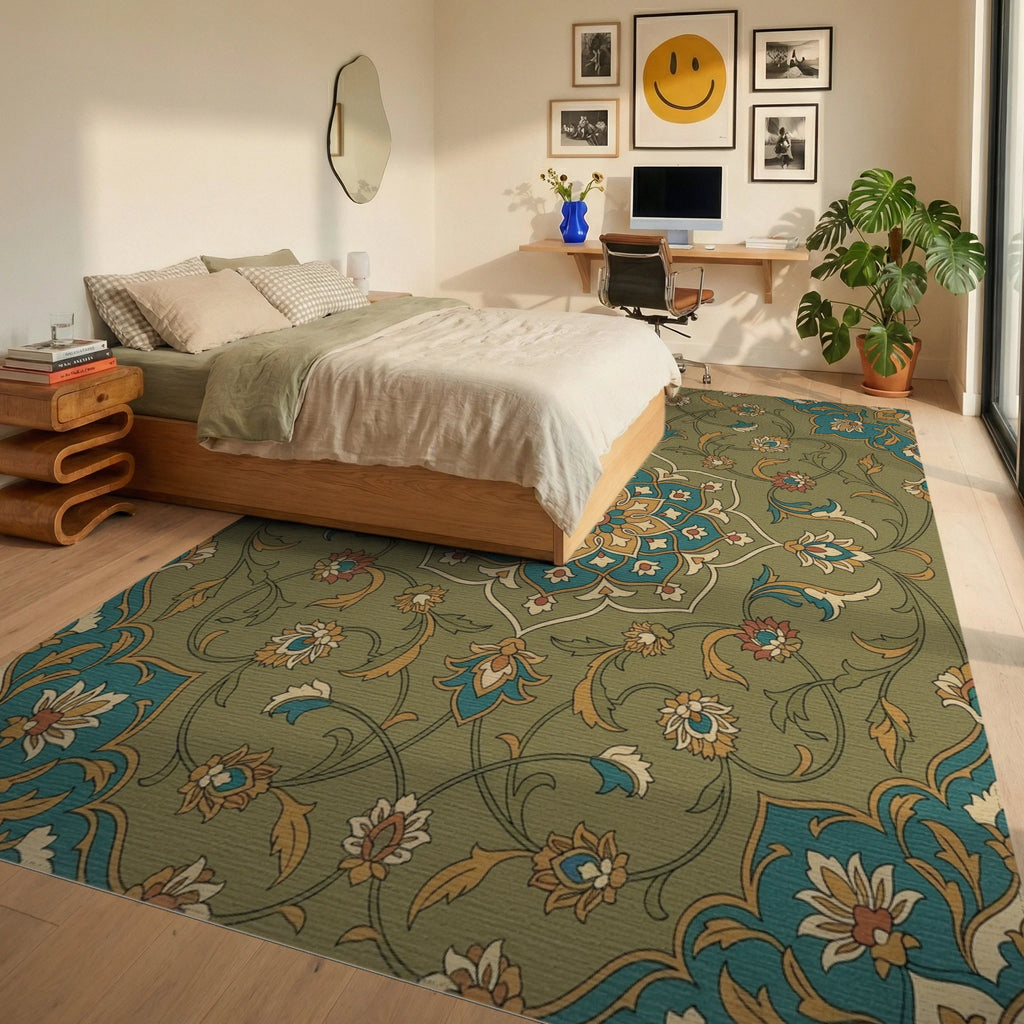 Khaki Floral Medallion In Teal Gold Rug Bedroom View