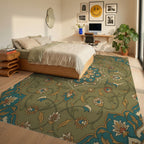Khaki Floral Medallion In Teal Gold Rug Bedroom View