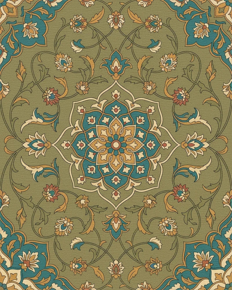 Khaki Floral Medallion In Teal Gold Rug - Cutout View