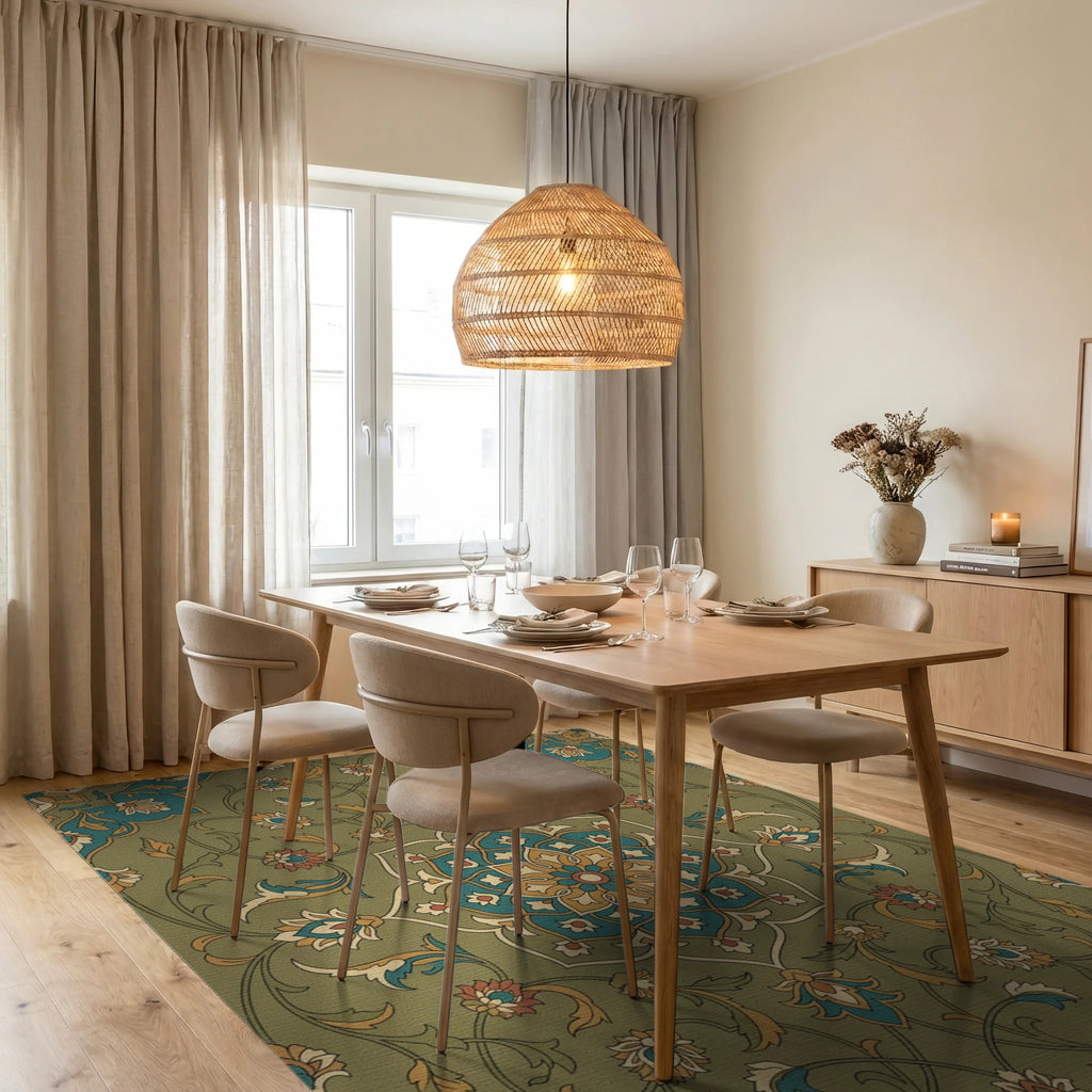 Khaki Floral Medallion In Teal Gold Rug Dining Room View