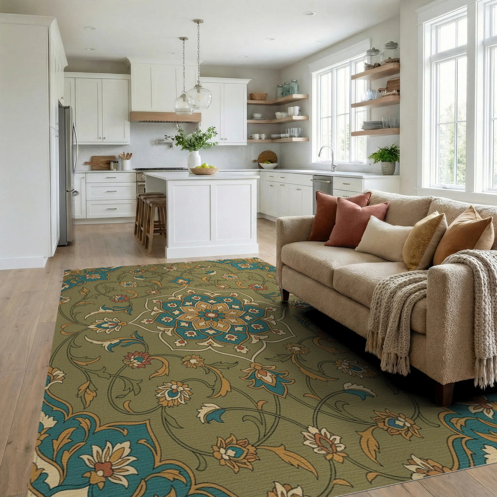 Khaki Floral Medallion In Teal Gold Rug Living Room View