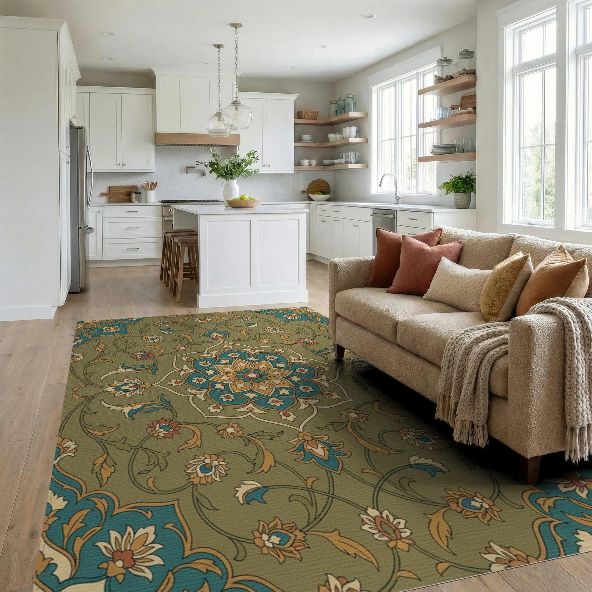 Khaki Floral Medallion In Teal Gold Rug Living Room View