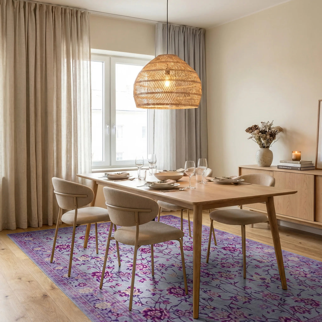 Lavender Blooming Garden Floral Rug - Dining Room View