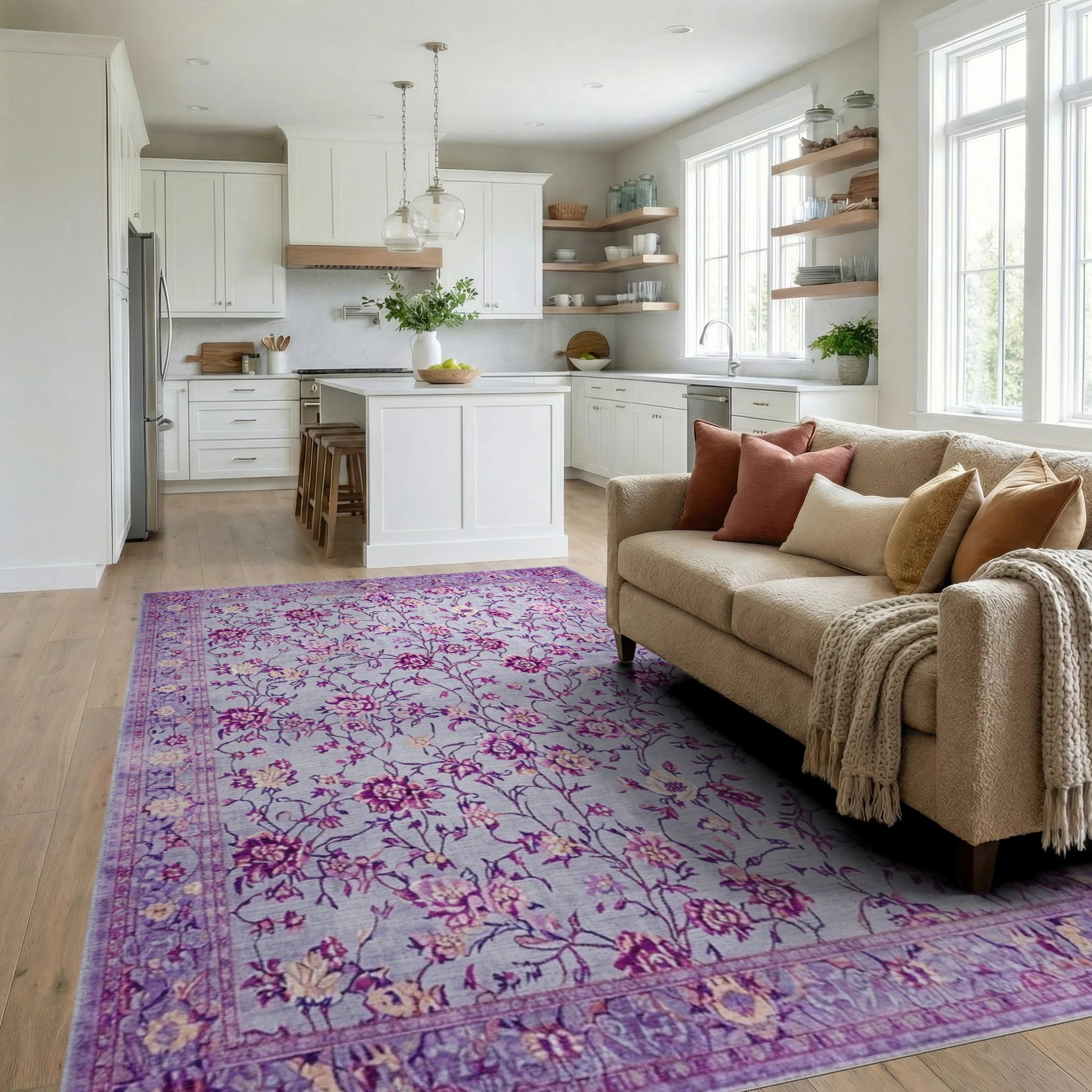 Lavender Blooming Garden Floral Rug - Living Room View