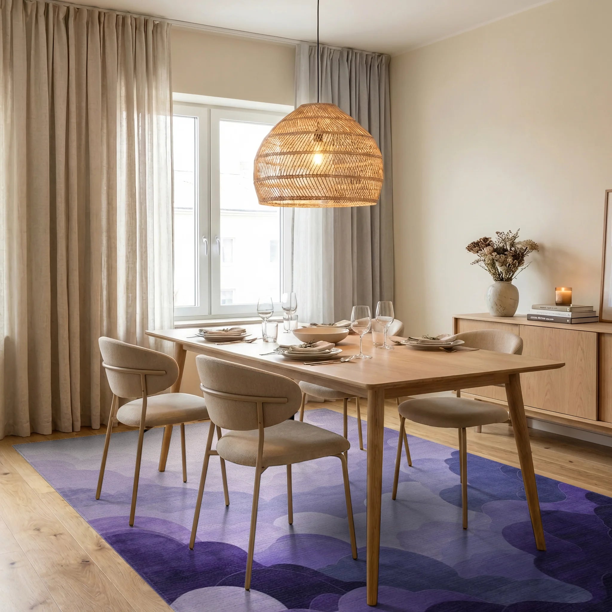 Lavender Cloudscape Layers Design Rug - Dining Room View