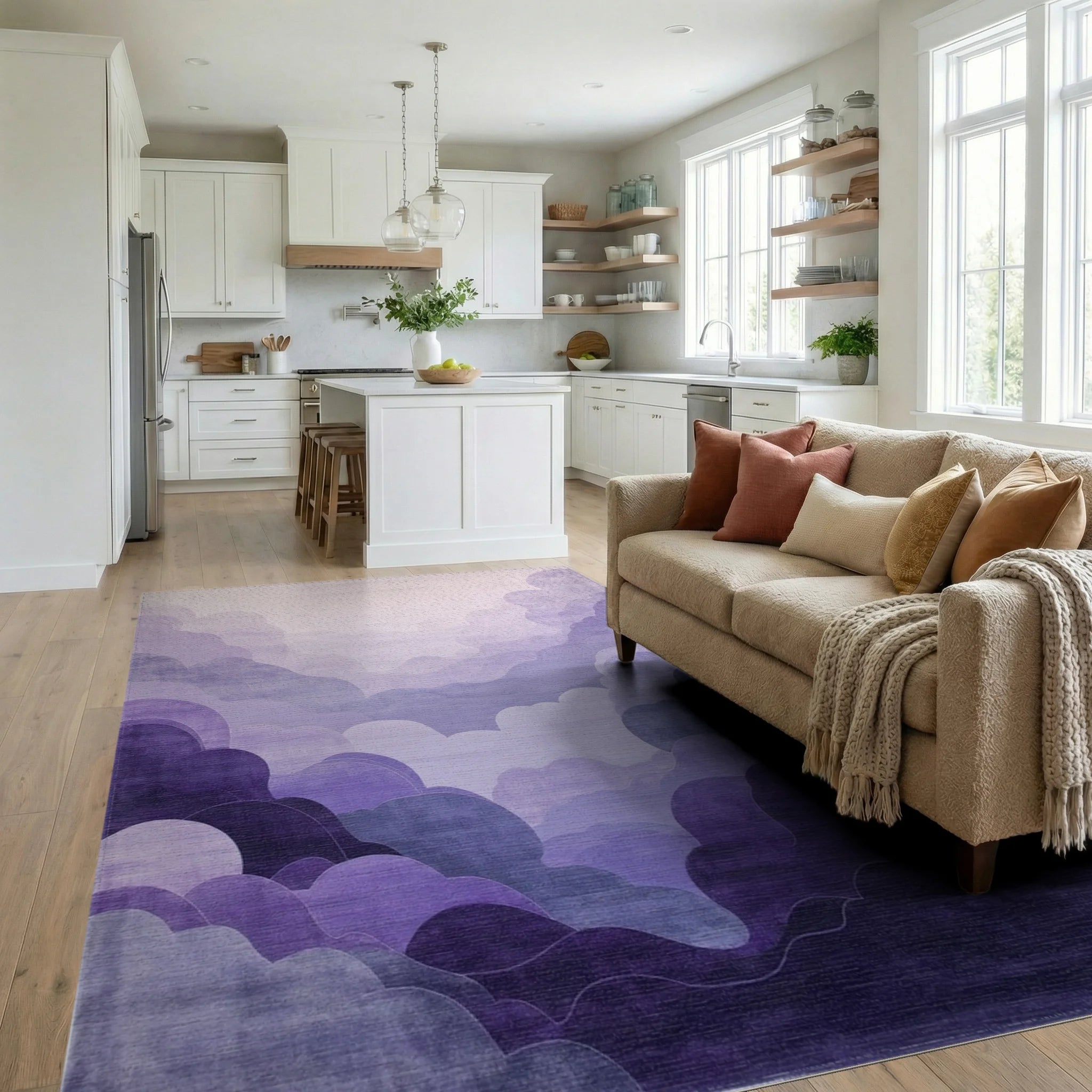 Lavender Cloudscape Layers Design Rug - Living Room View