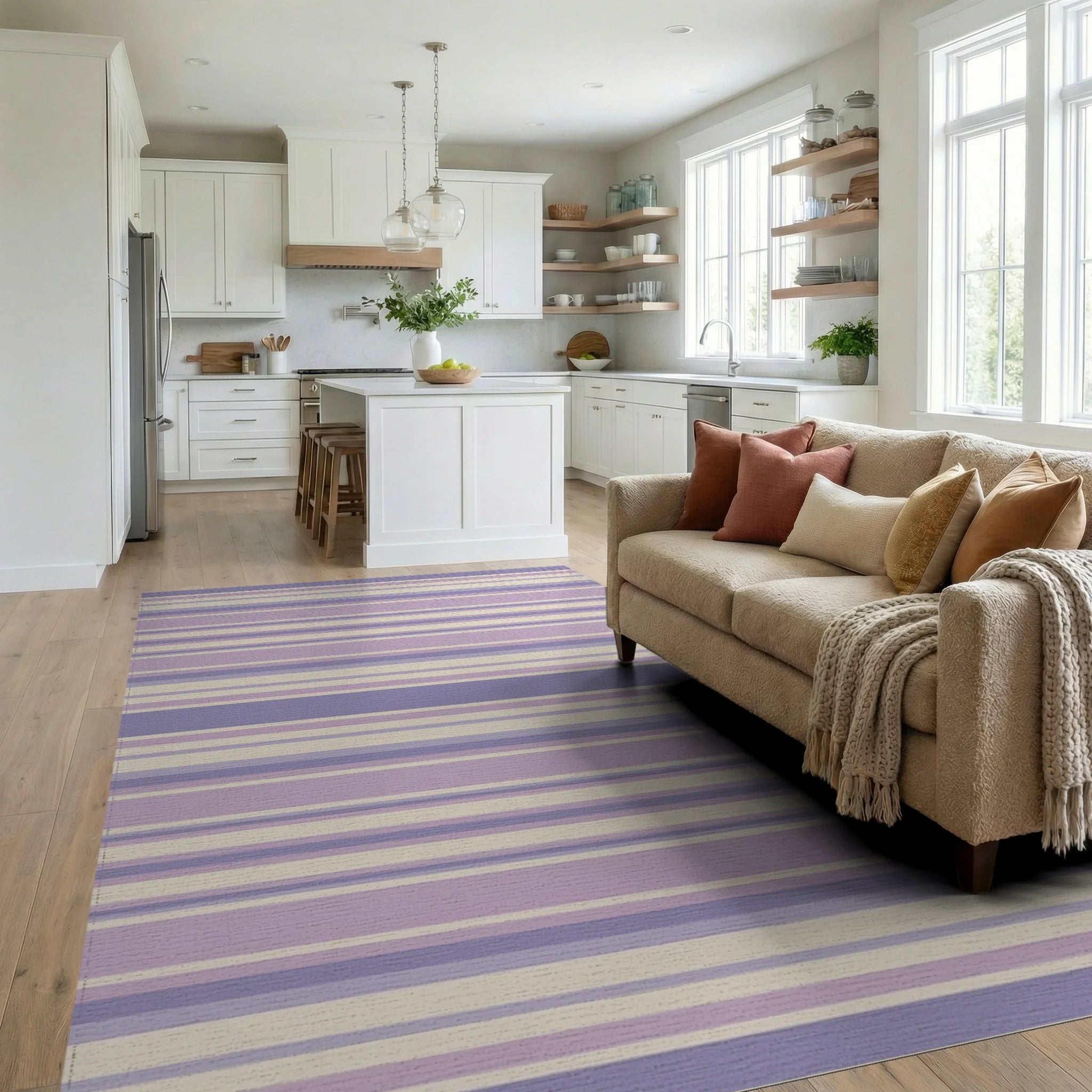 Lavender Cream Subtle Stripe Rug Living Room View