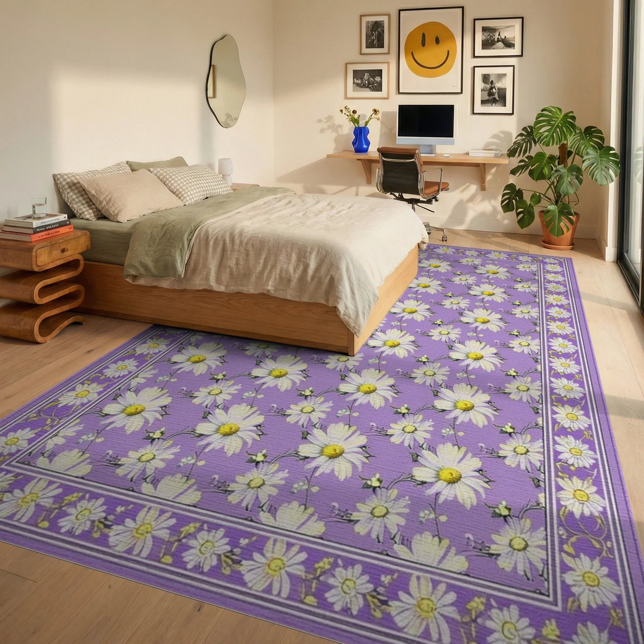 Lavender Daisies Bees Whimsical Rug - Bedroom View