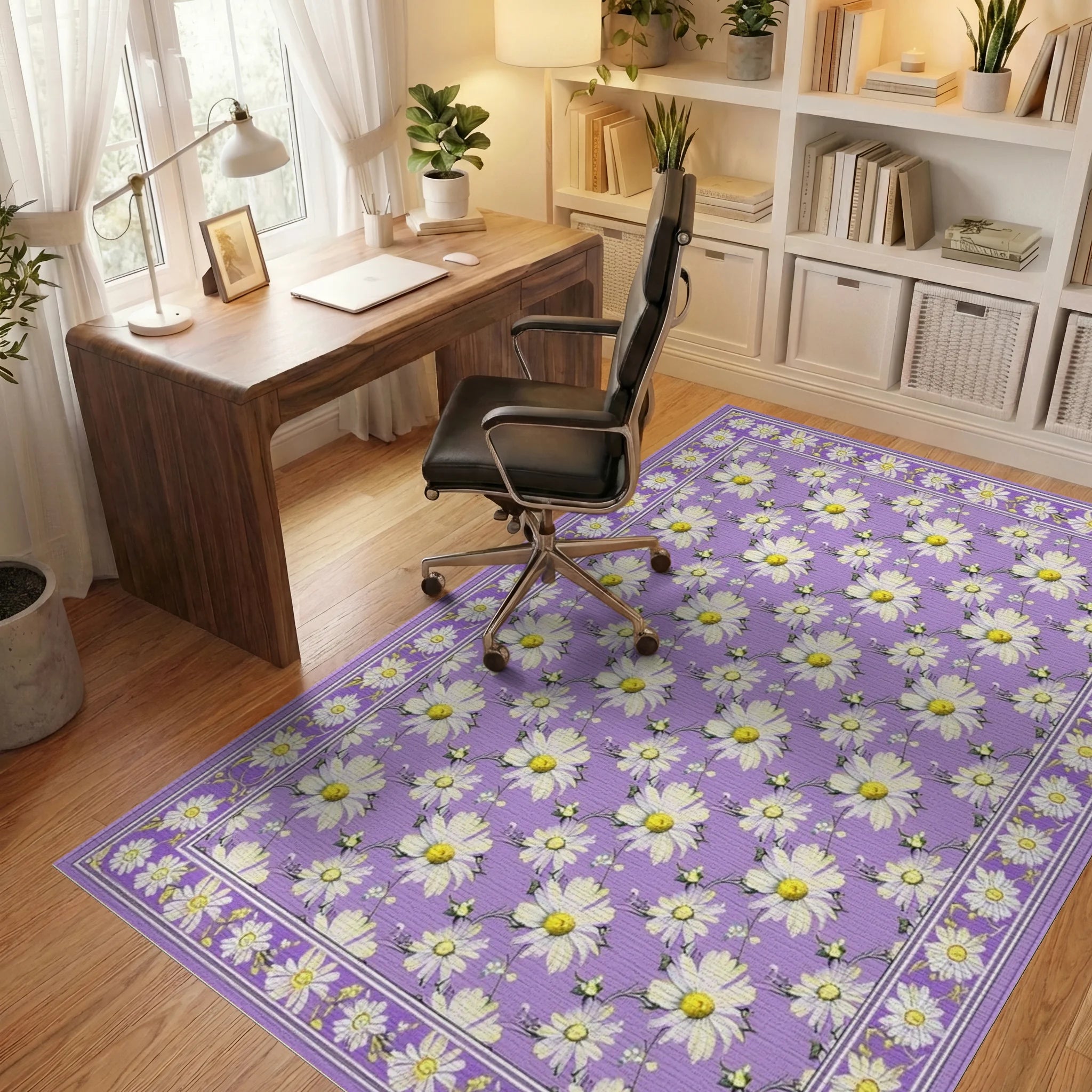 Lavender Daisies Bees Whimsical Rug - Office View