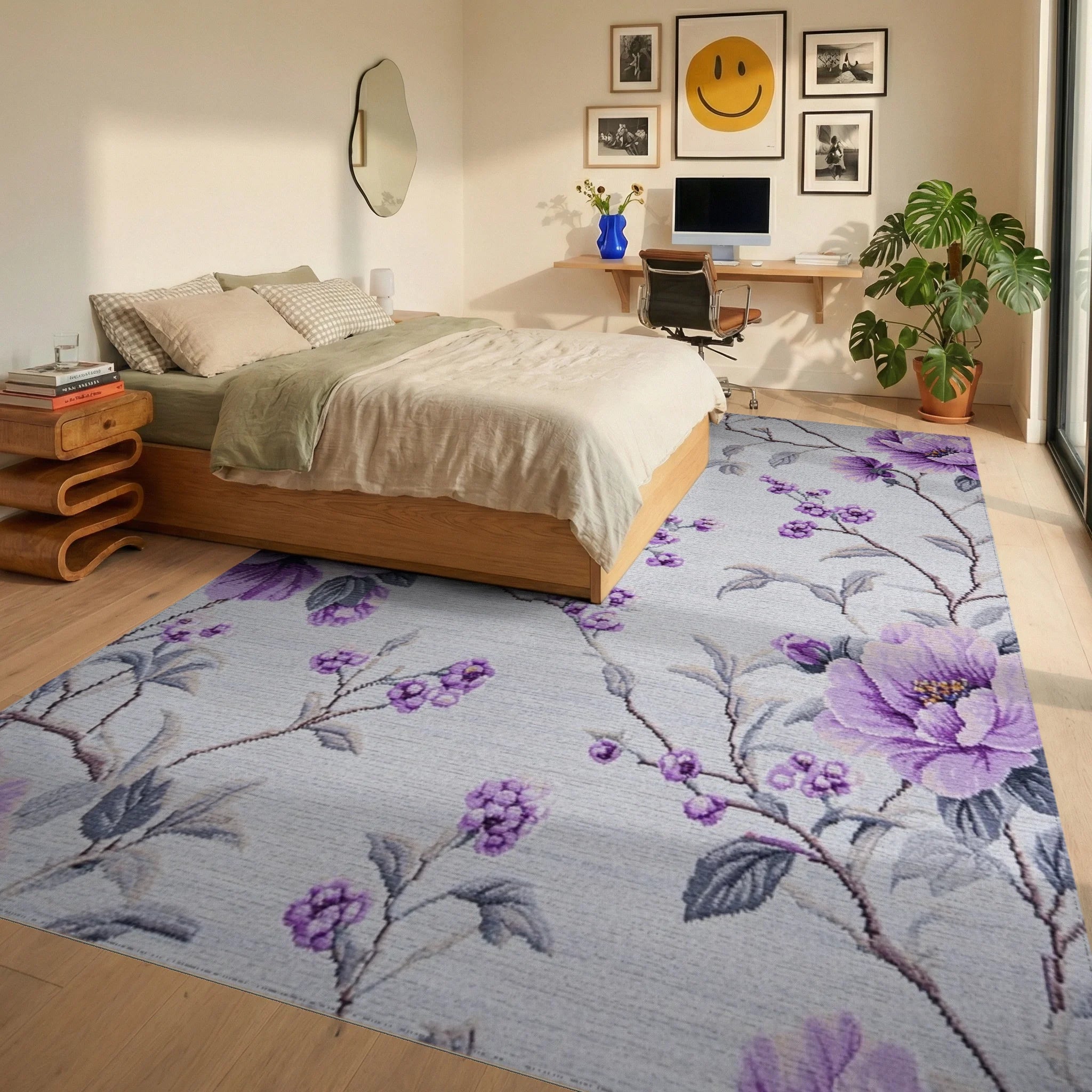 Lavender Floral Branch Arrangement Rug - Bedroom View