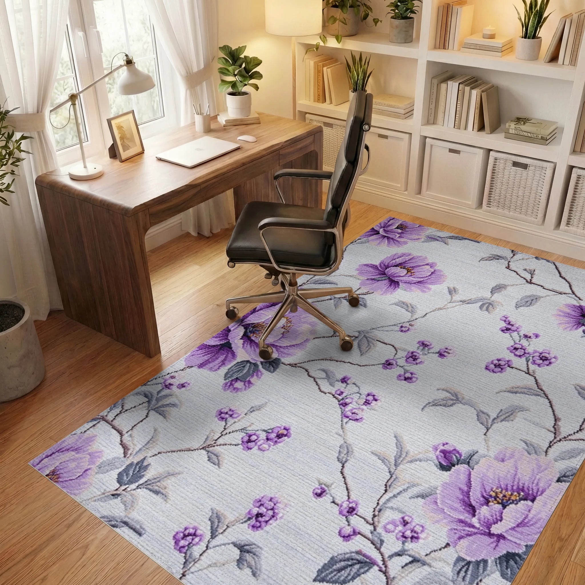 Lavender Floral Branch Arrangement Rug - Office View