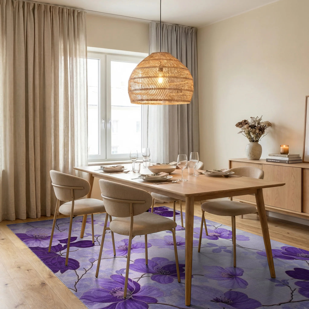 Lavender Floral Branches Artistic Arrangement Rug - Dining Room View