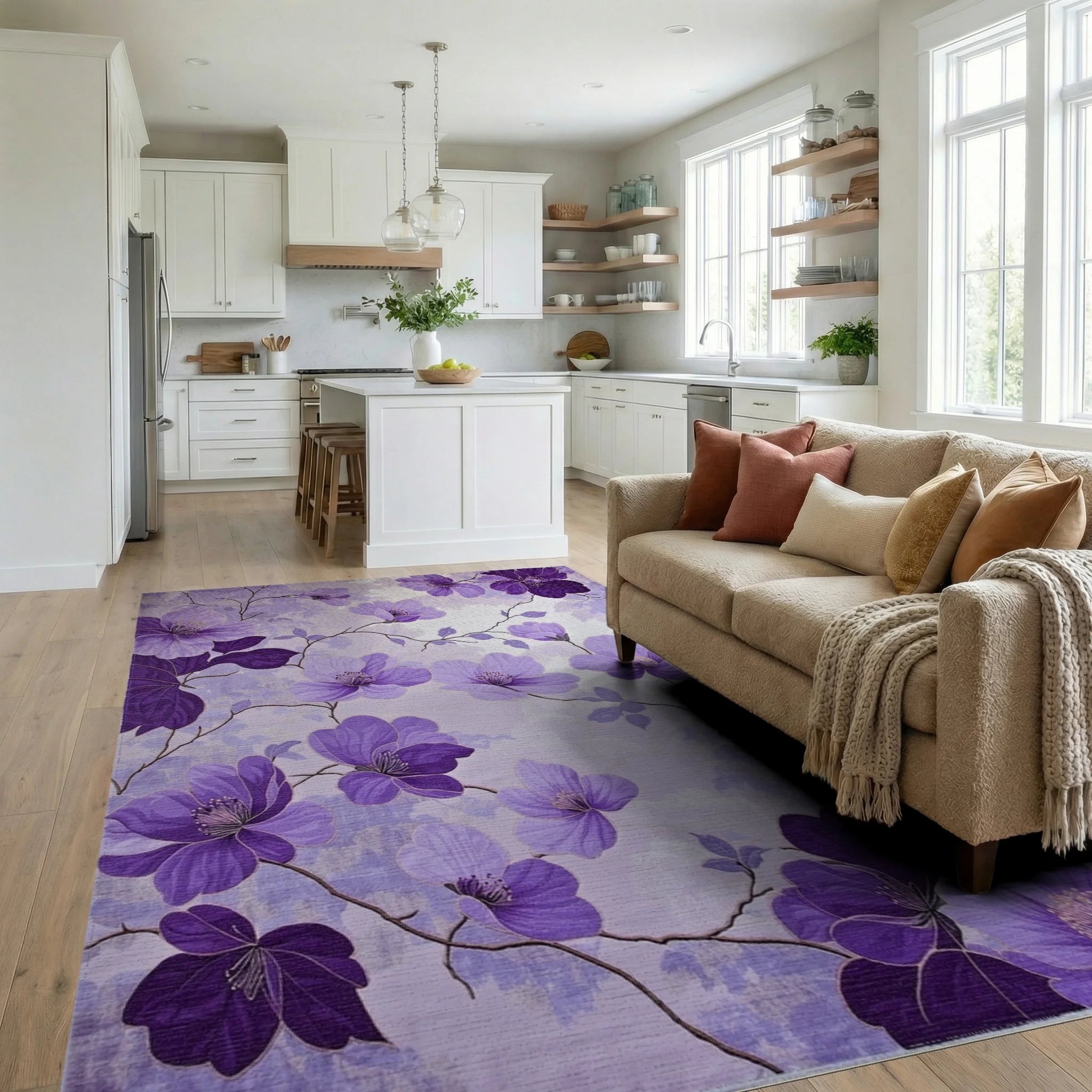 Lavender Floral Branches Artistic Arrangement Rug - Living Room View