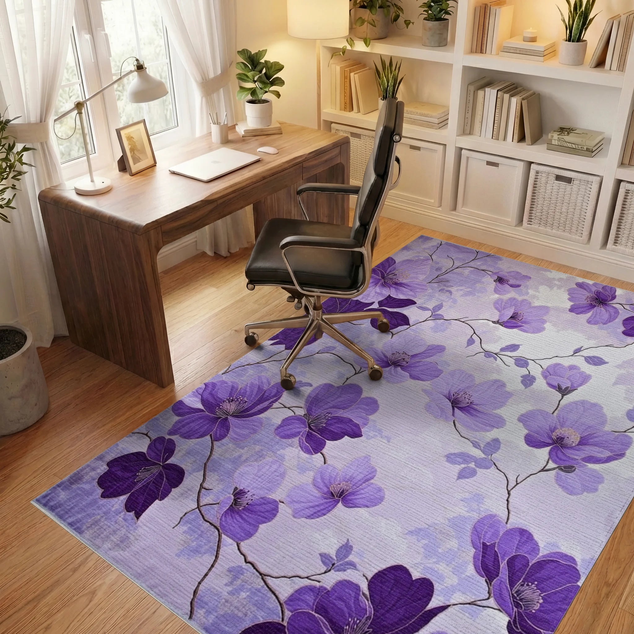 Lavender Floral Branches Artistic Arrangement Rug - Office View