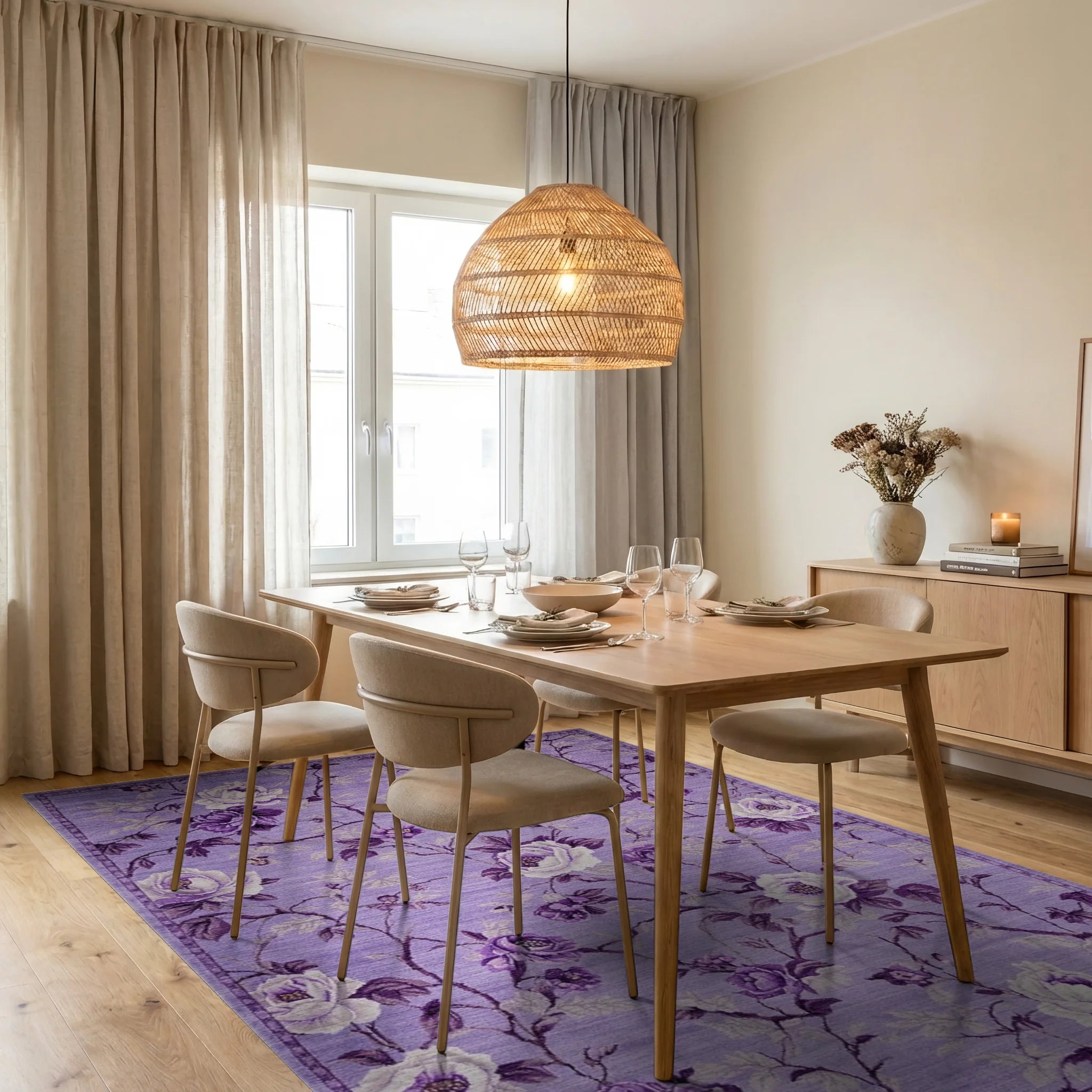 Lavender Floral Vine Branch Rug - Dining Room View