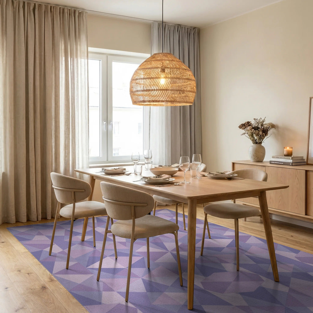 Lavender Geometric Crystal Tessellation Rug Dining Room View