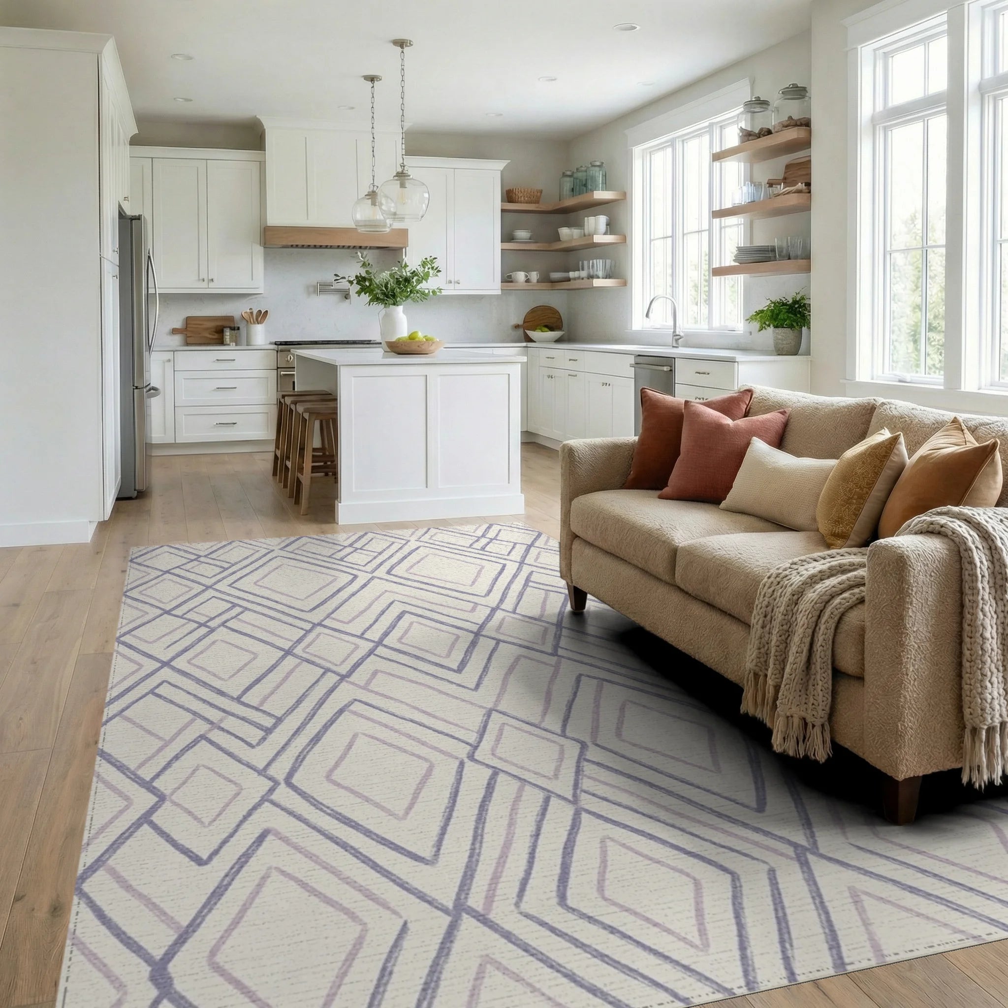 Lavender Geometric Diamond Cluster Rug Living Room View